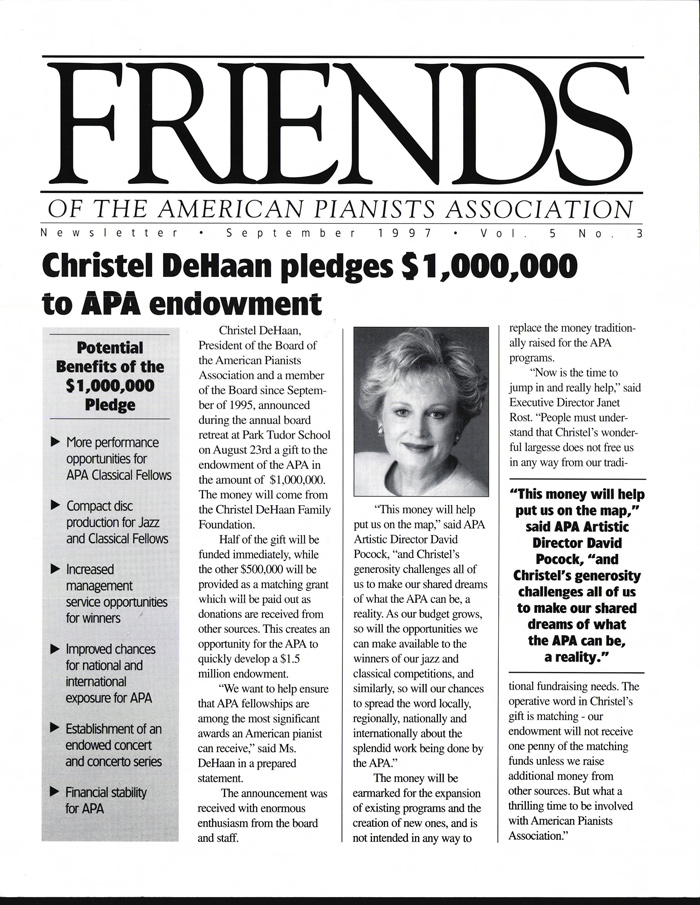 Newsletter announcing Christel's original gift in 1997